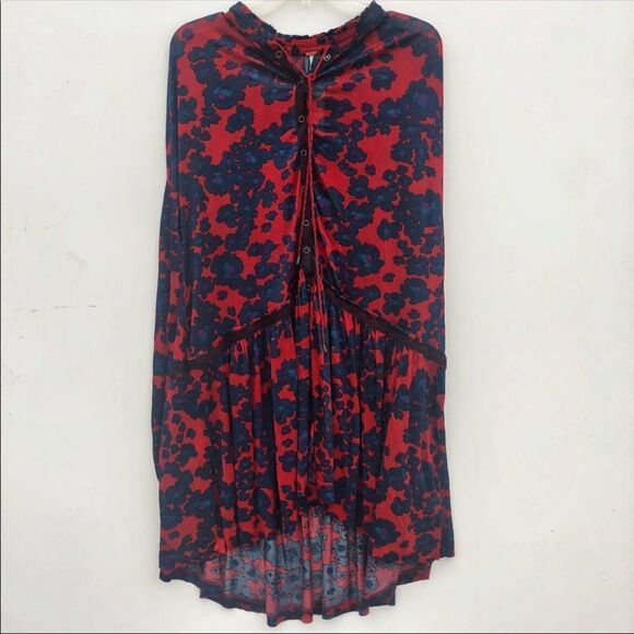 Free People M Red Blue Snap Front Neck Tie Long Sleeve Tunic Dress - Picture 5 of 10